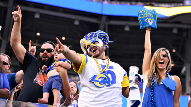 Oct 15, 2023; Inglewood, California, USA; Los Angeles Rams fans celebrate after the Rams defeat the Arizona Cardinals at SoFi Stadium. Mandatory Credit: Alex Gallardo-USA TODAY Sports